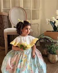0-12Y Baby Girl Summer Rose Floral Blue Turkish Vintage Lolita Princess Ball Gown Dress for Birthday Holiday Casual Eid B196