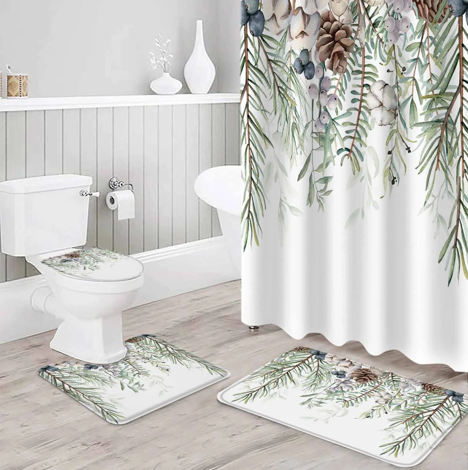 Winter Pine Leaves Polyester printed shower curtain bathroom set,luxurious curtainsabstract 4-piece setcoral fleece floor mat