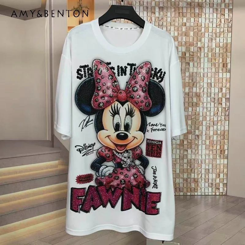 

Новинка Весна-Лето: Премиум-футболка с мультяшным принтом, стразами и бантом-бабочкой, модная, свободного кроя, средней длины, с короткими рукавами, для женщин