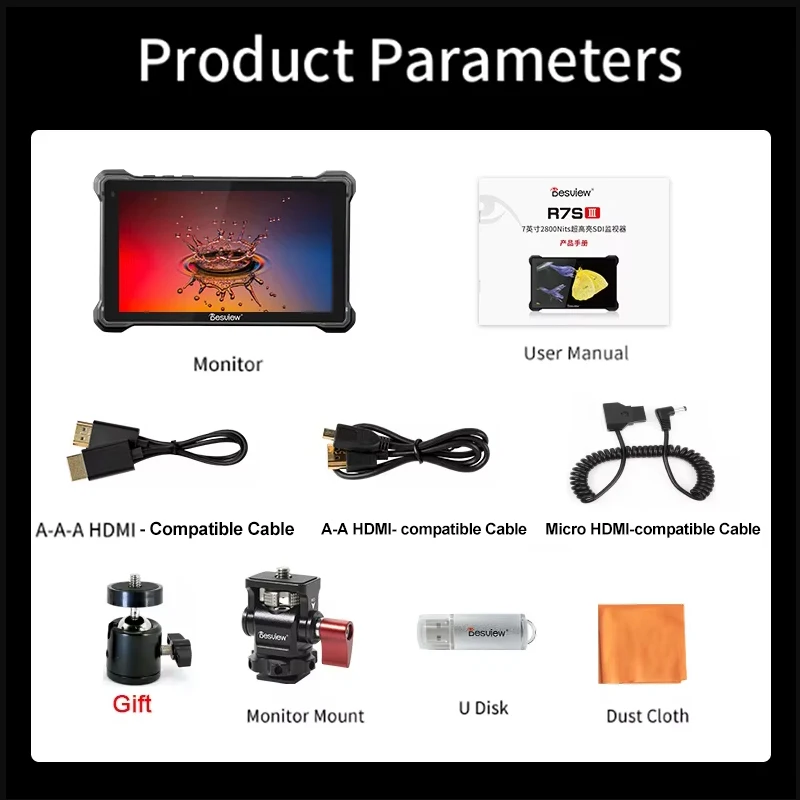 Desview R7SIII/R7III Monitor de campo de cámara de 7 pulgadas 2800nits UHB Pantalla táctil Full SDI/HD IPS 178 °   Monitor 4K 3G-SDI del ángulo de visión
