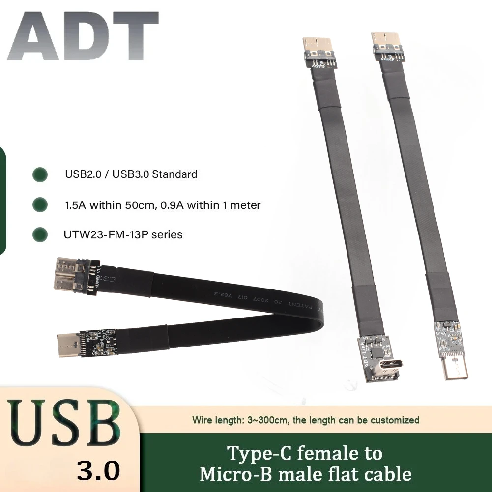 

Micro USB Ribbon Cable USB 3.0 Type-C Female To Micro-B Male FPV Flat Extension Thin Cable USB C Fold 90 Aerial Photography Cord