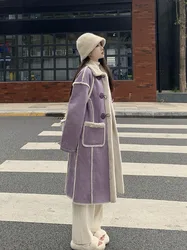 Korean Fashion Purple Suede Lamb Faux Fur Integrated Coat for Women's Mid Length Winter Cowhide Button Long Coat Female Clothing