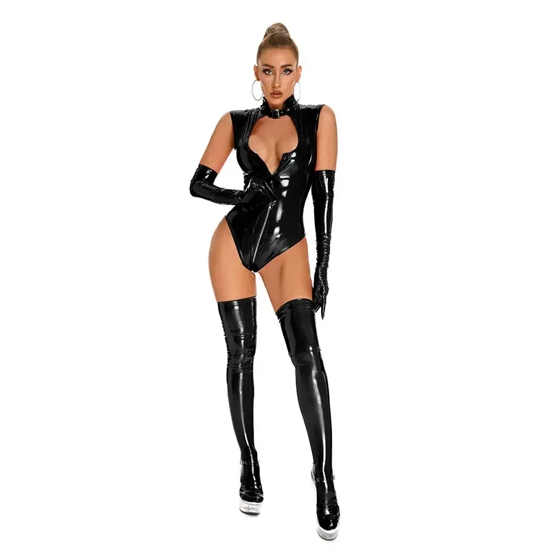 Women Sexy PVC Latex Bodysuit Zipper Open Crotch Shiny Leather Tank Bodysuit Open Breast Exposing Wetlook Latex Leotard