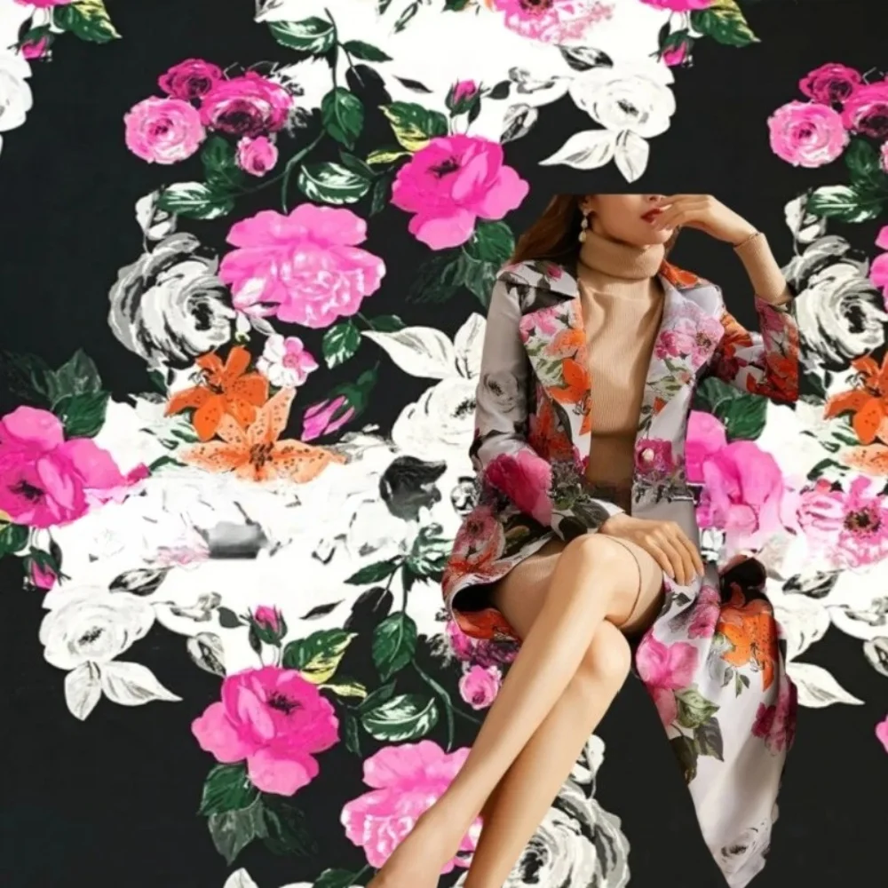 

Brocade Jacquard Fabric Spring Autumn Winter Rose Dress Windbreaker Suit Coat European Brand Fashion Design Sew Cloth