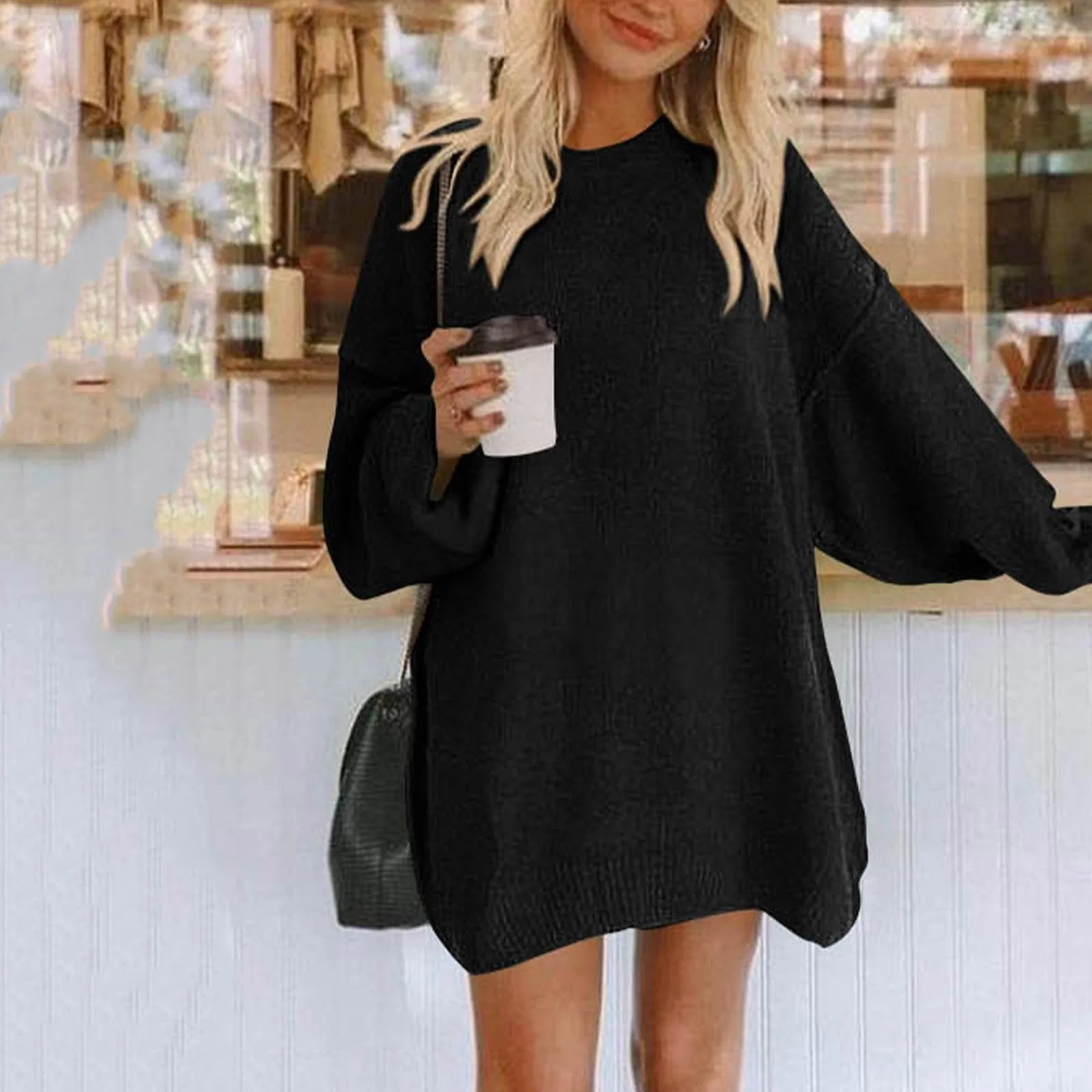 Trendy Rib Knit Dress Womens Casual Crewneck Long Sleeve Oversized Pullover Tops Fall Winter Soft Loose Slouchy Dresses Vestido