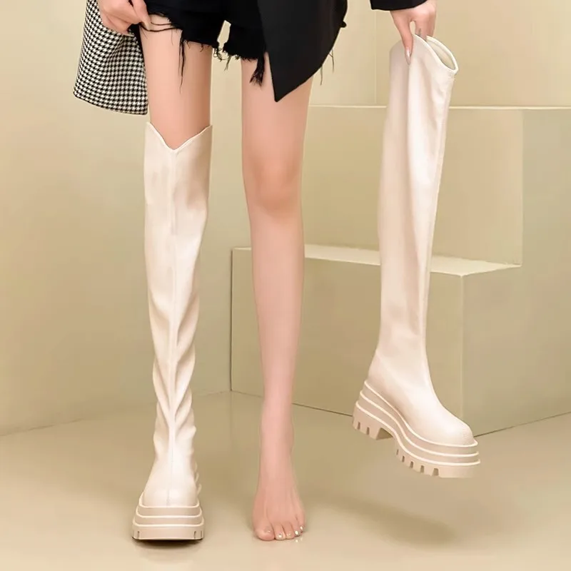 Fashion Over-the-knee Elastic Long Boots Minimalist 6Cm Thick Sole Platform Knight Boots Heightened Non-slip Combat High Boots