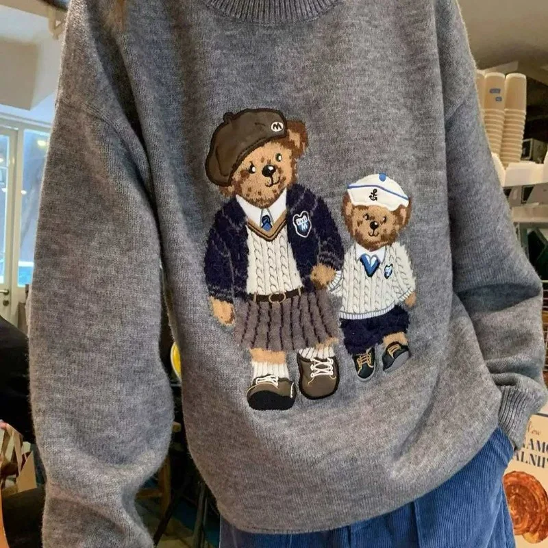 

Bear-print Jacquard Vintage Cartoon Knitted Sweater Women Spring Autumn New Round-neck Pullover Fashion Lazy Style Female Tops