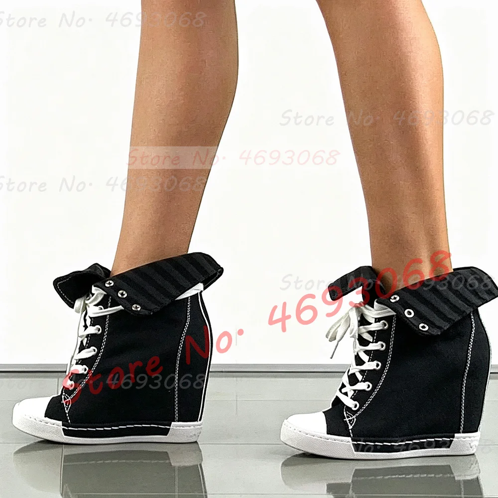 Black Canvas Wedge Ankle Boots With Fold-over Collar Women Trendy White Lace Up Round Toe Sporty Booties Female Mid Trainers