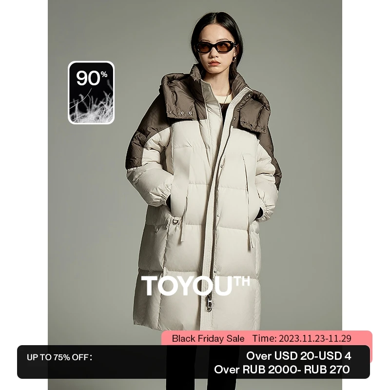 

Toyouth Women Long Down Jacket 2023 Winter Long Sleeve Loose Hooded Thick Overcoat Color Blocking Design Fashion Warm Coat