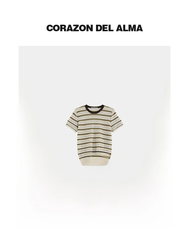 

Corazon Del Alma Retro Knitted Cotton T-irt round Ne ort Sve Lightweight Breathable Striped Women's Casual Top