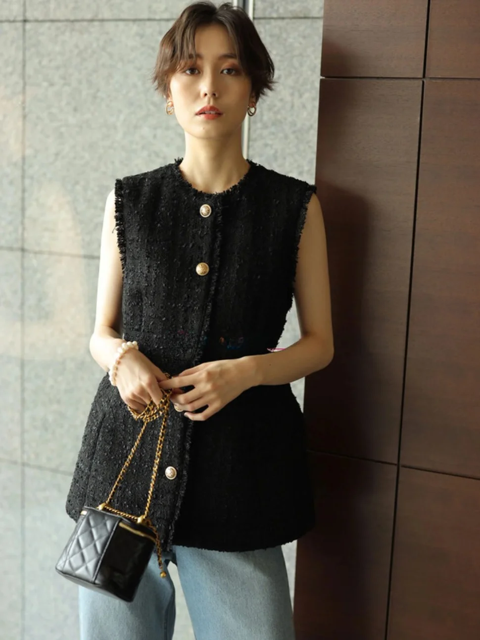 Pure round Style Retro Gold Buttoned Waist-Cinching Tweed Vest Jacket Four Thousand Jin Sweet Style  Color Winter Outerwear