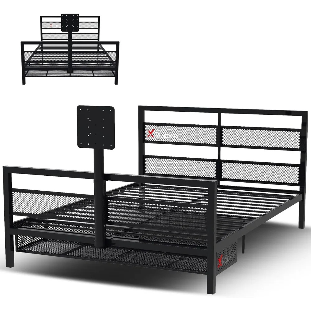 

Gaming Bed, Rotating TV Mount with Vented Console Storage, Metal Mesh Frame with Slats