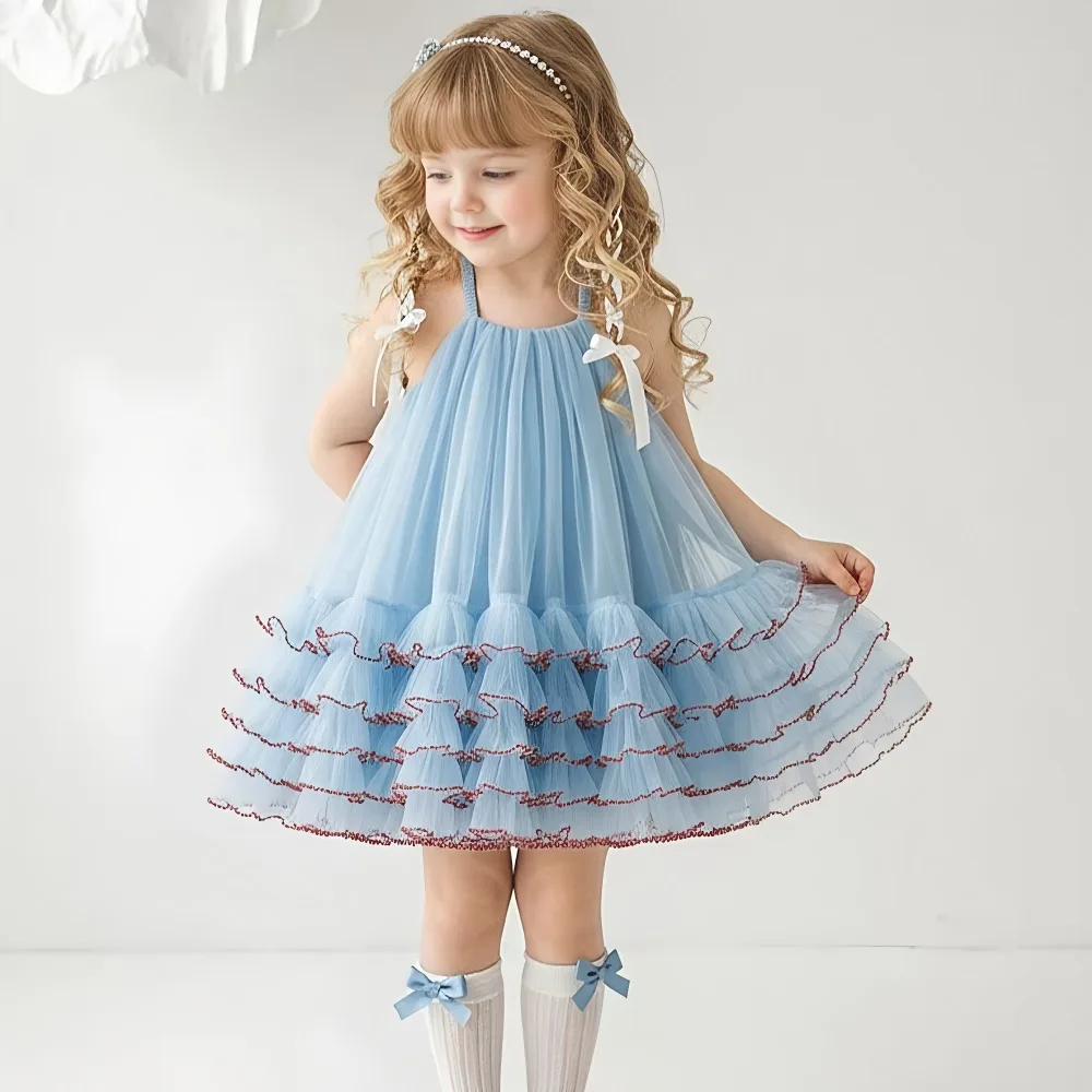 Princess Dress for Kids 1-8 Years Summer Sky Blue Cake Dress for Girls Formal Dresses Birthday Hosting Party Beach Vacation New