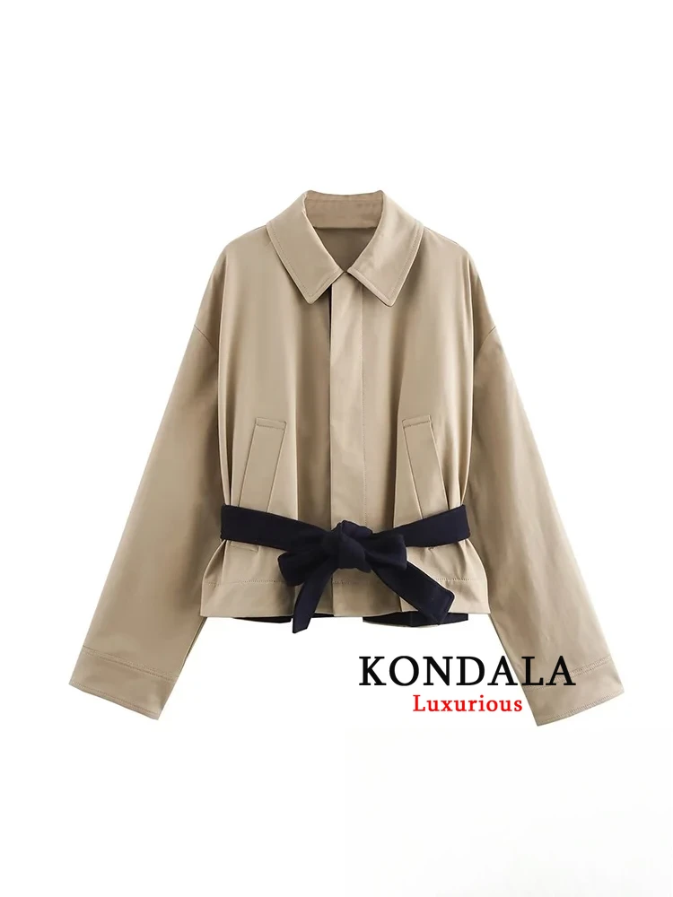 

KONDALA Vintage Casual Chic Solid Jackets Women Sashes Turn-down Collar Long Sleeve Loose Coats New Fashion 2025 Autumn Outwears