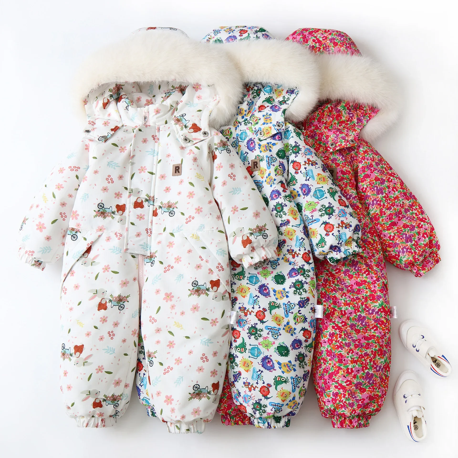 

Warm Winter Children Hooded Romper Kids Boys Girls Floral Printed Ski Suit Fashion Windproof Children's Outwear