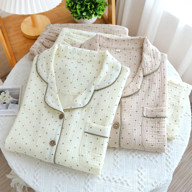 

New Women's Pajamas Pure Cotton Cotton Yarn Women's Autumn Long Sleeves Loose Thin Loungewear Small Fresh Cotton Set
