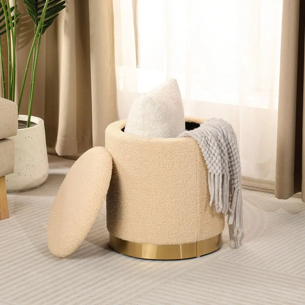 

Round Storage Ottoman With Removable Lid, Small holstered Foot Rest Stool With Gold Plating Base, For Dorm Living Room Bedroo