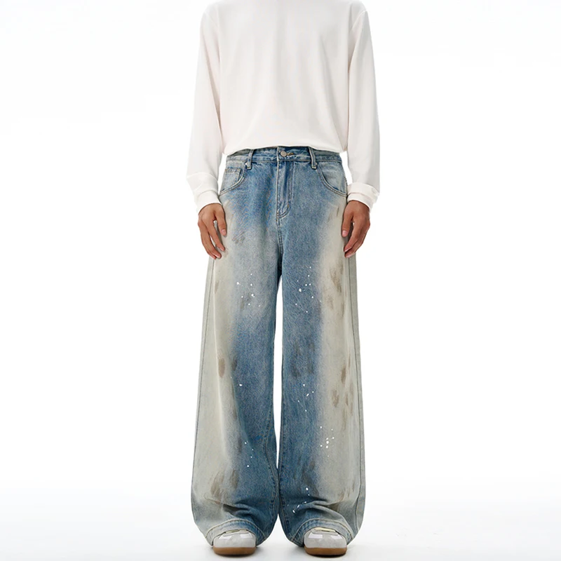 

2025 vintage dirty dye splashed ink design loose jeans for men and women street fashion casual personalized couple pants