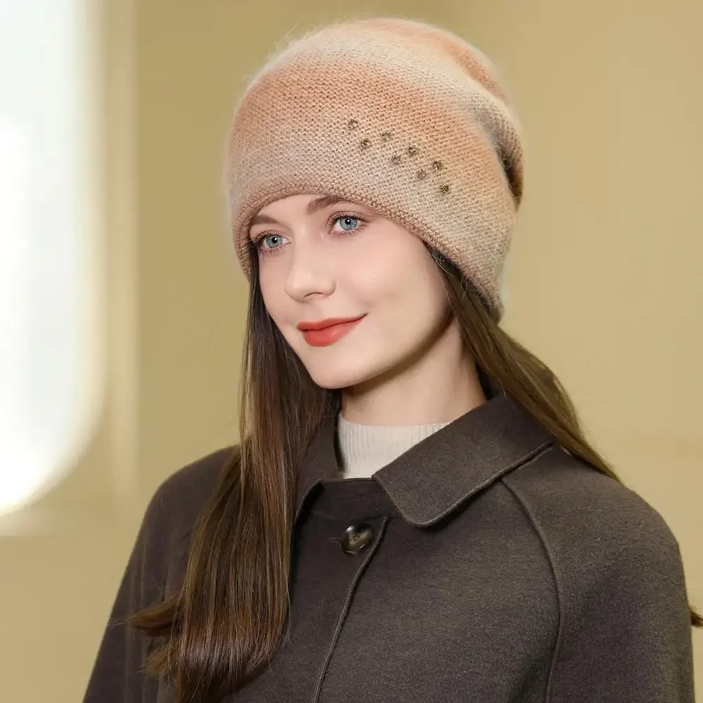 Women Rabbit Fur Gradient Winter Hat Fashion Decorate Beanie Hat Warm Winter Cap For Female Casual Streetwear Knitted Hat