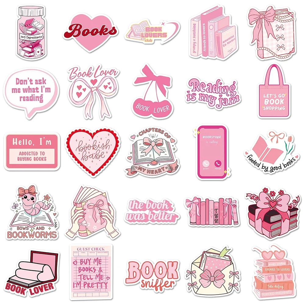 

10/30/50pcs Creative Pink Reading Book Stickers Cartoon Bookish Decals DIY Laptop Stationery Phone Kawaii Graffiti Sticker Decor
