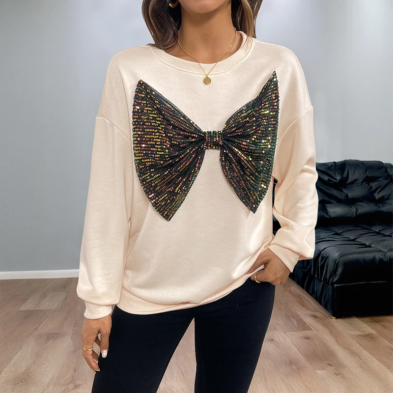 

Women's Khaki Sequin Bow Embellished Sweatshirt Casual Loose Round Neck Long Sleeve Pullover Top