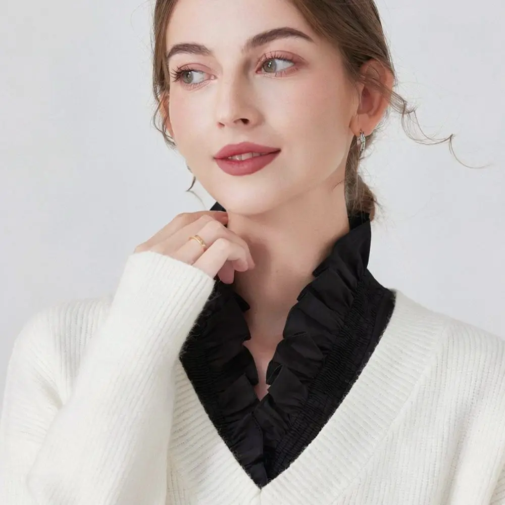 Women Detachable Collar Ruffle Deep V Neck Dickey False Collar Elegant Cotton Layering Accessory For Sweater Blouse
