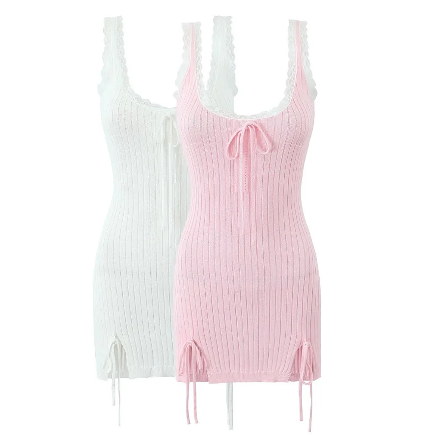 

Spring 2025 new lace tie-up slit knitted hip-hugging hot girl sweet camisole dress