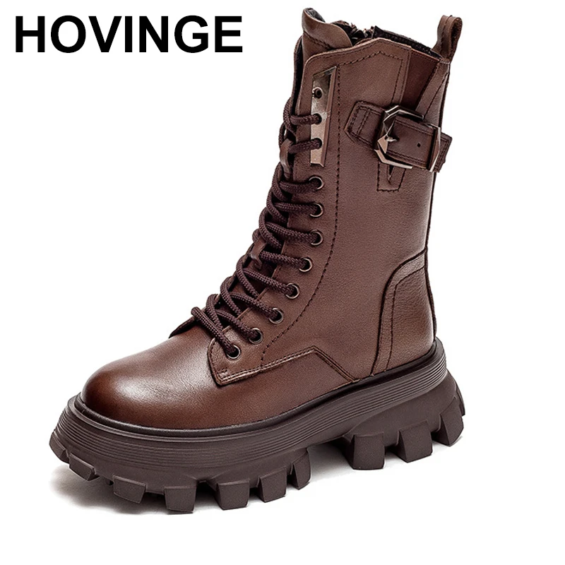 

6CM Boots Spring Winter Shoes Boots Genuine Leather Plush Warm Ankle Booties Motorcycles Women Autumn Fashion