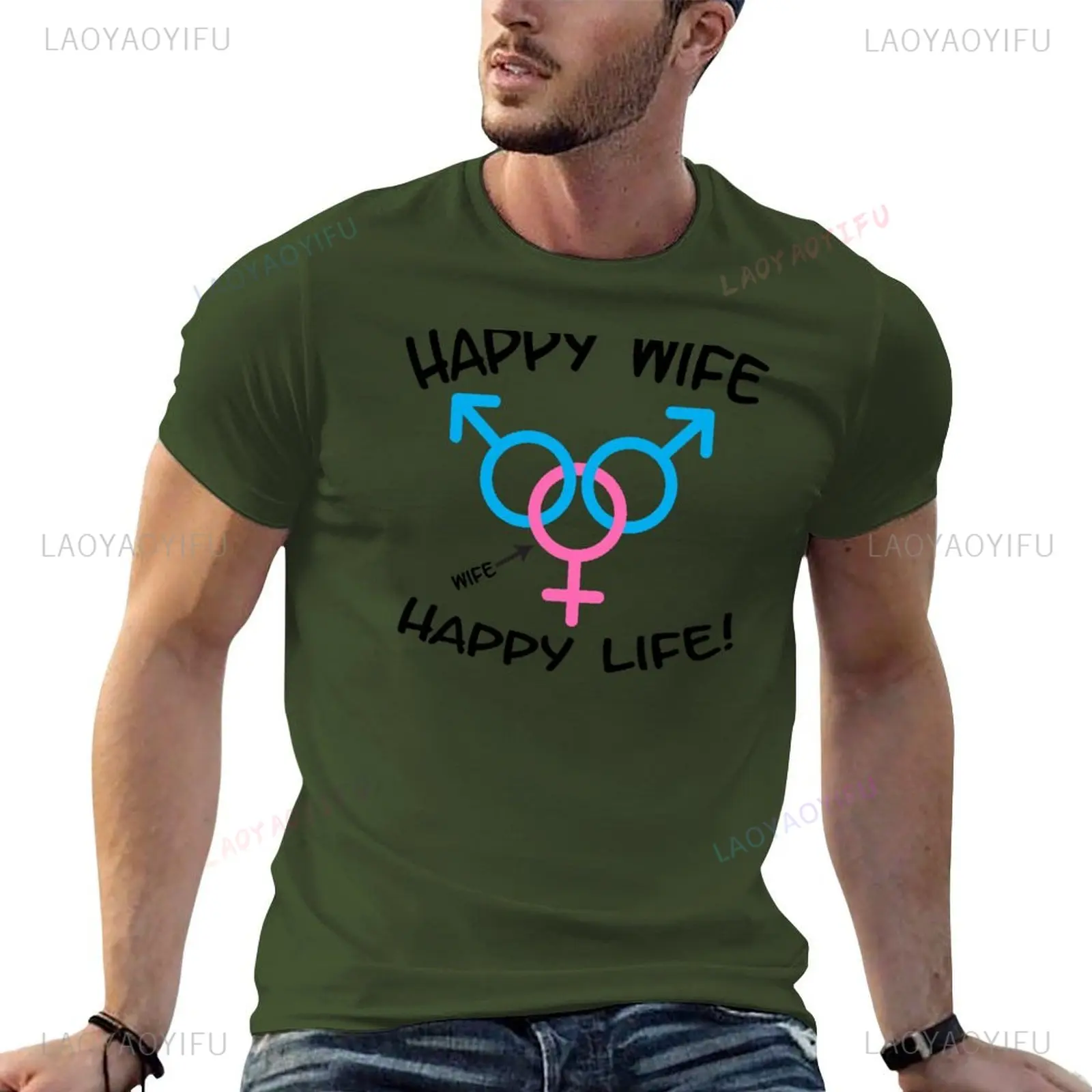 Funny Happy Wife Happy Life Swinger MFM Threesome Swinger Lifestyle Design Printed T-shirt Tees Sweat Men Cotton Clothing