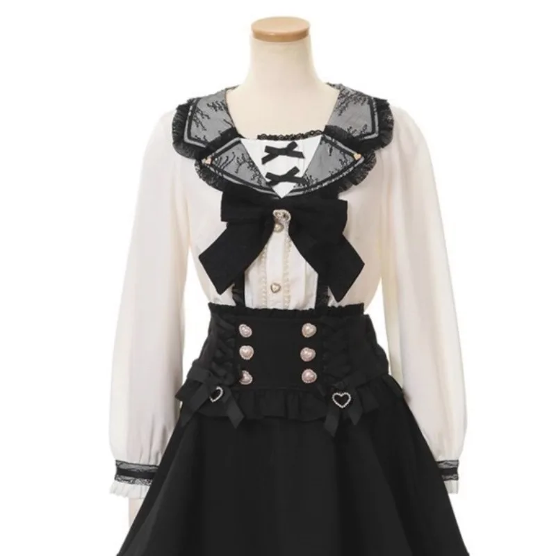 

Элегантный милый кружевной укороченный топ с матросским воротником и бантом, японская винтажная рубашка со вставками и длинными рукавами, короткие универсальные литературные блузки в консервативном стиле