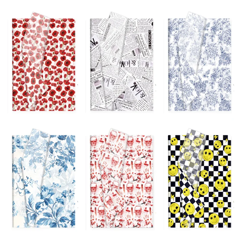 50pcs Floral Poppy Printed Tissue Paper Designs Gift Wrapping DIY Craft Paper for Bouquet Newspaper Style
