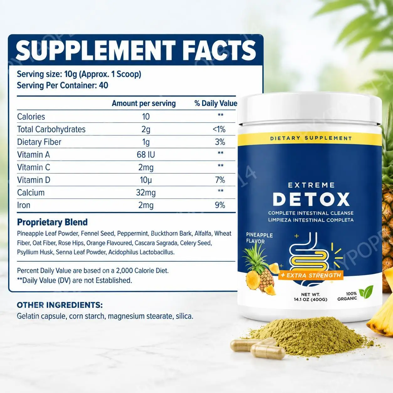 Dietary Detox  Fiber Powder, Pineapple Flavor, Organic Intestinal Cleanse with Fiber & Probiotics, 400g Dietary Supplement