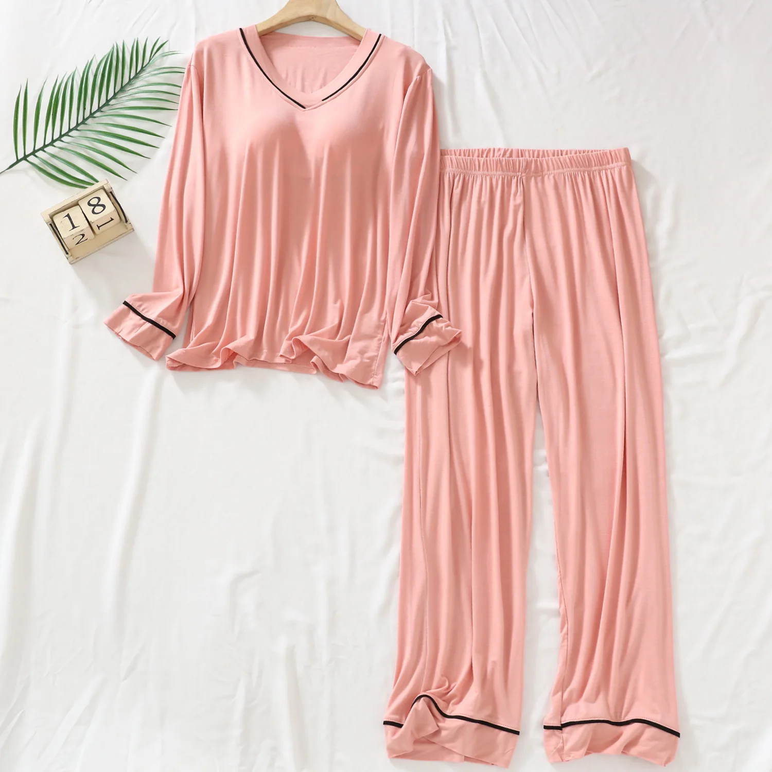 Women's Pajamas For Spring Autumn Morday Leisure Elastic Female Home Sleepwear Sets V-neck Long Sleeves+Pants 2Pcs Nightgown