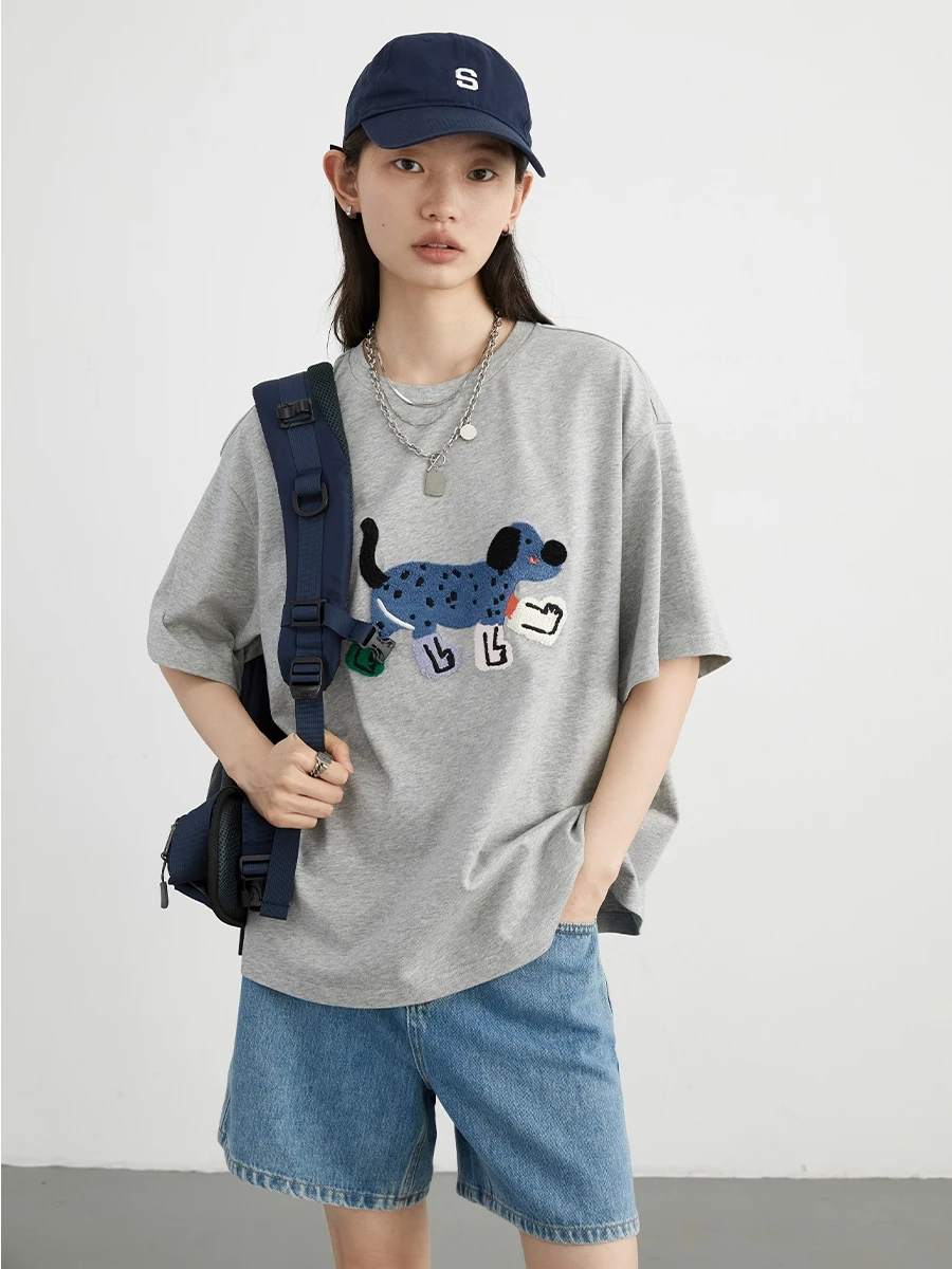 Schicke ven Frauen T-Shirts lose Streetwear Unisex Spaß Hund bestickt Kurzarm Baumwolle Mädchen T-Shirts weiblich Top Sommer