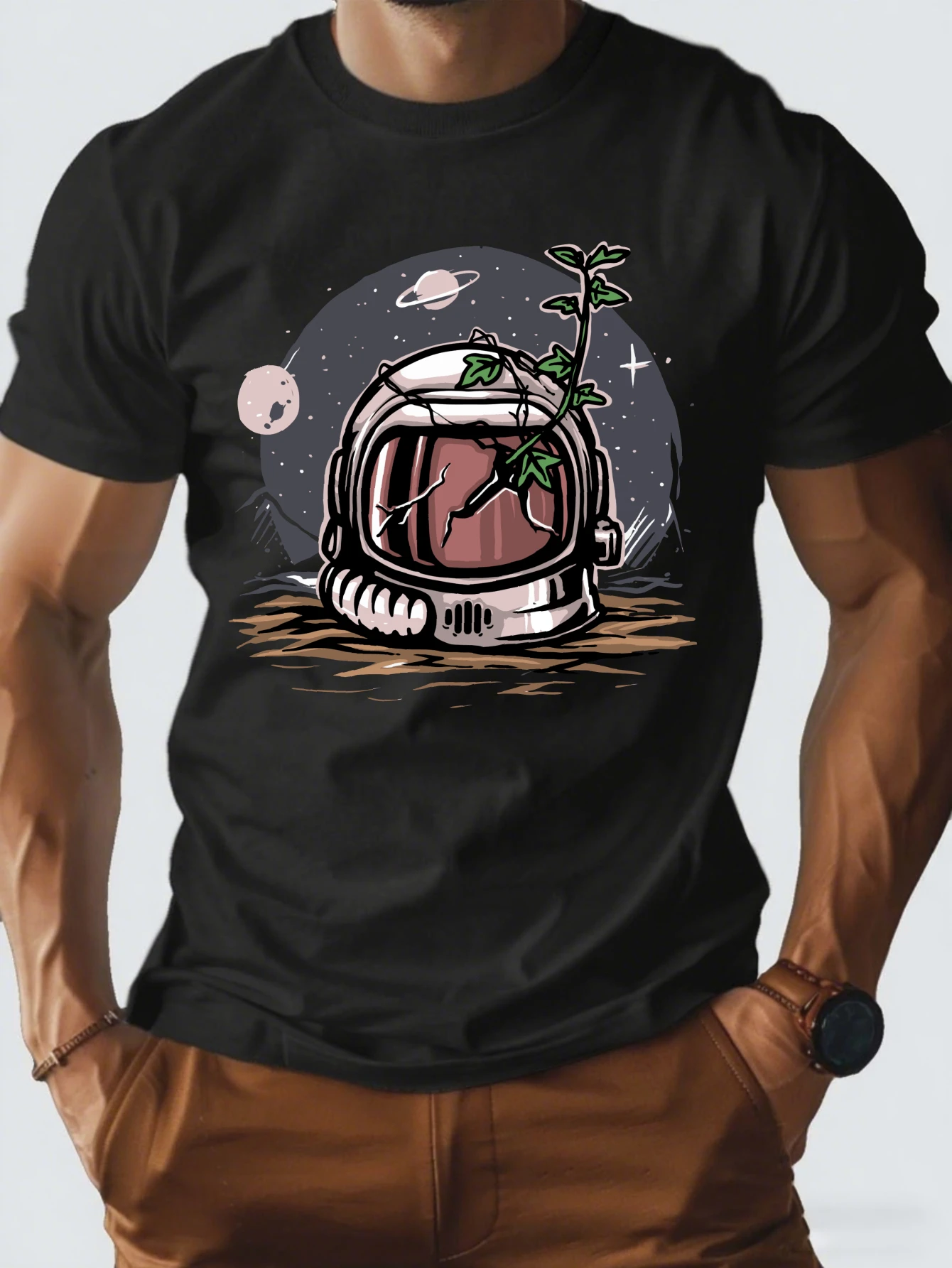 

Retro Astronaut Skull Graphic T-Shirt for Men, Space Style Short Sleeve Tee, Casual Astronaut Print Tops