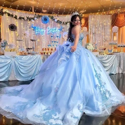 Sky Blue Ball Gown Quinceanera Dress 2024 Lace Applique Long Train XV Princess Vestidos De 15 Años Birthday Sweet 16 Dress