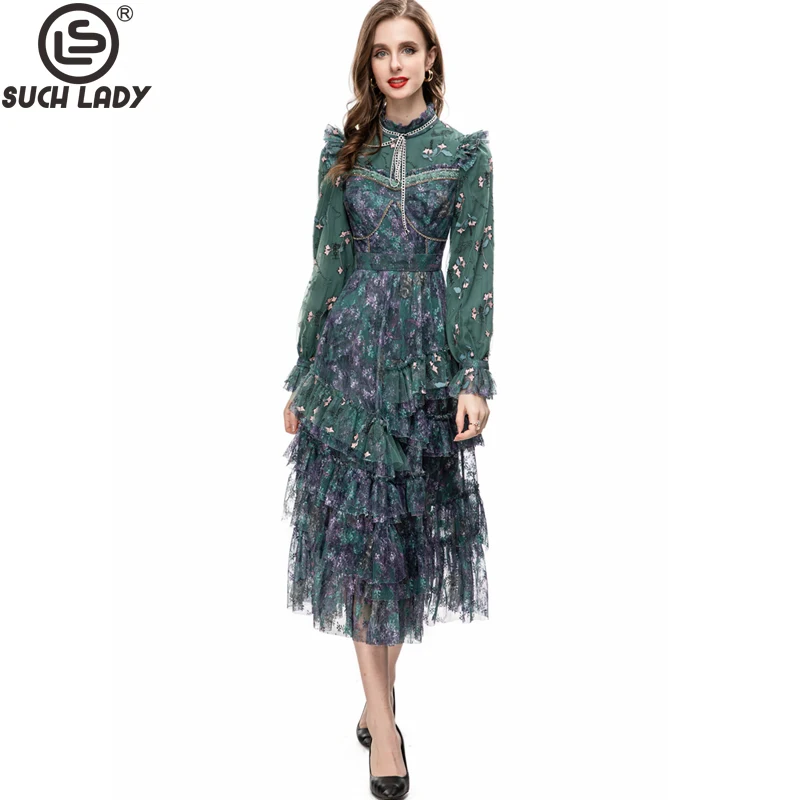 

Women's Runway Dresses Stand Collar Lace Up Long Sleeves Ruffles Printed Elegant High Street Casual Designer Vestidos