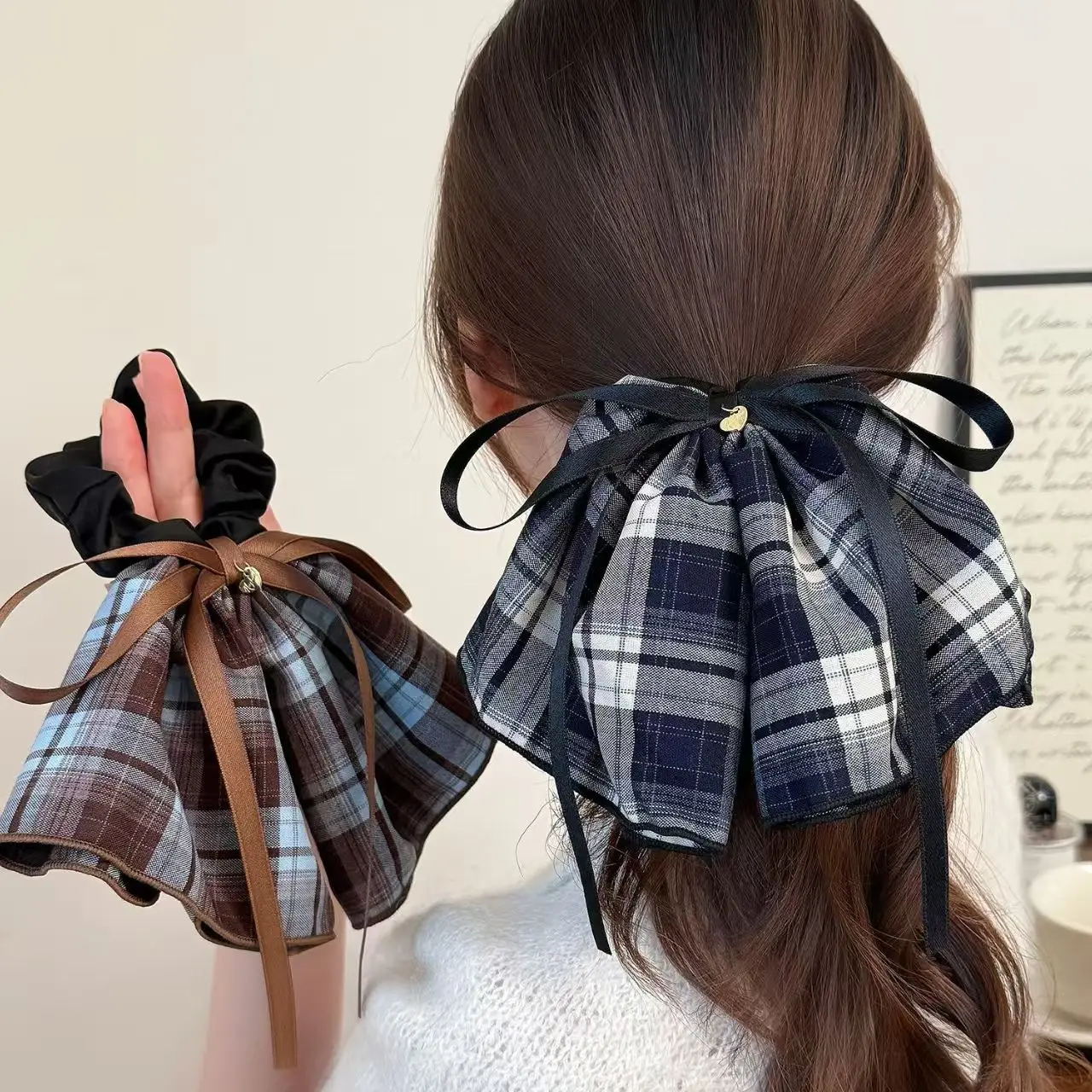 1pc Bogen Band Plaid Rock Große Scrunchie High-End-Pferdeschwanz Haar Krawatte Süße Haar Zubehör Neue Haar Krawatte – Detail 2