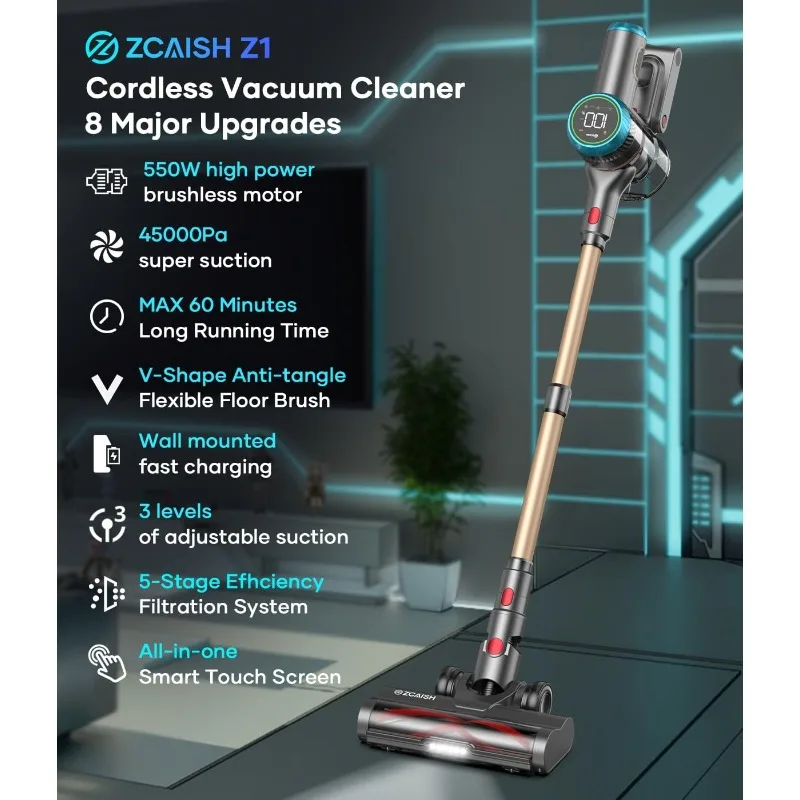 Cordless Vacuum Cleaner, 550W/45Kpa Stick Vacuum with Smart Display MAX 60Mins Vacuum Cleaners for Home with Aromatherapy System