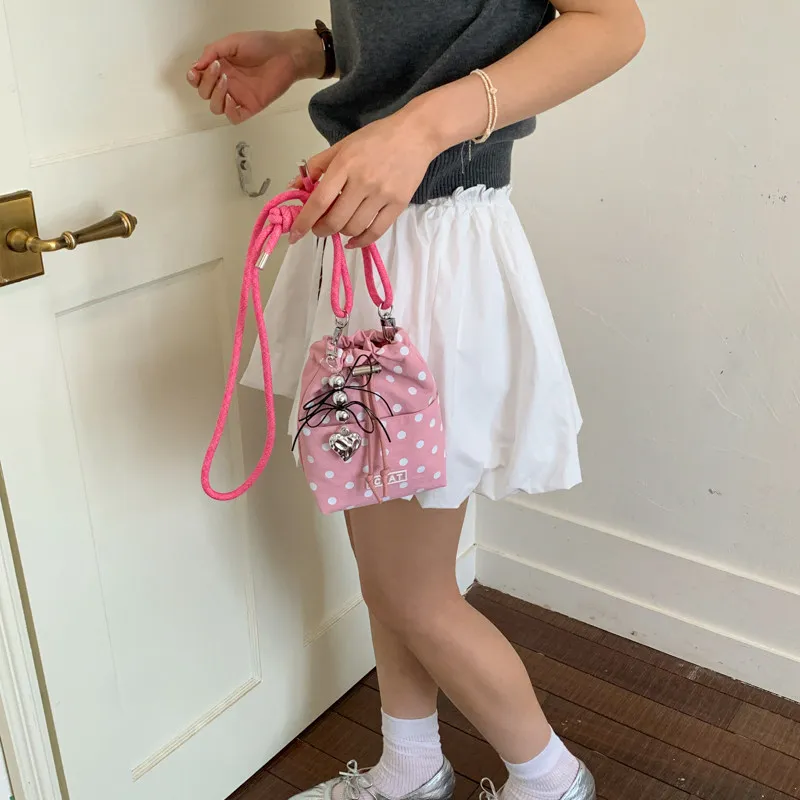 Cute Polka Dot Girl's Crossbody Bag, Women's Drawstring Shoulder Commuting Bag, Casual Bucket Bag, Travel Portable Phone Bag