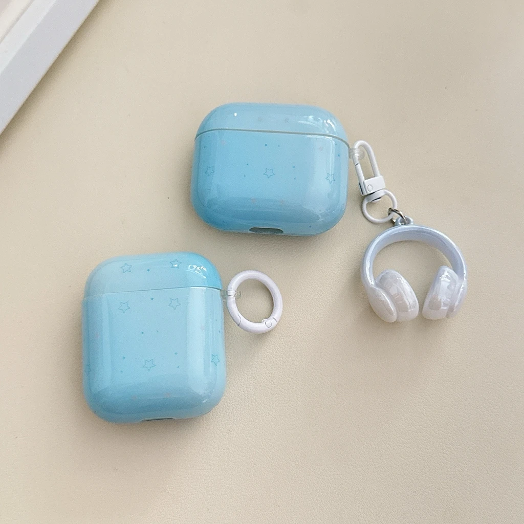 Schlichte, stilvolle, blaue Schutzhülle mit Sternenmuster und Kopfhörer-Anhänger für AirPods 1 oder 2, 3, 4, 5, AirPods Pro, Pro2, Pro3