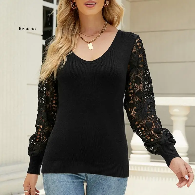 Women's Pullover Casual Knitted Tops Long Sleeve Elegant Fashion Office Basic Hollow Out Floral Lace Embroidery Female Clothing