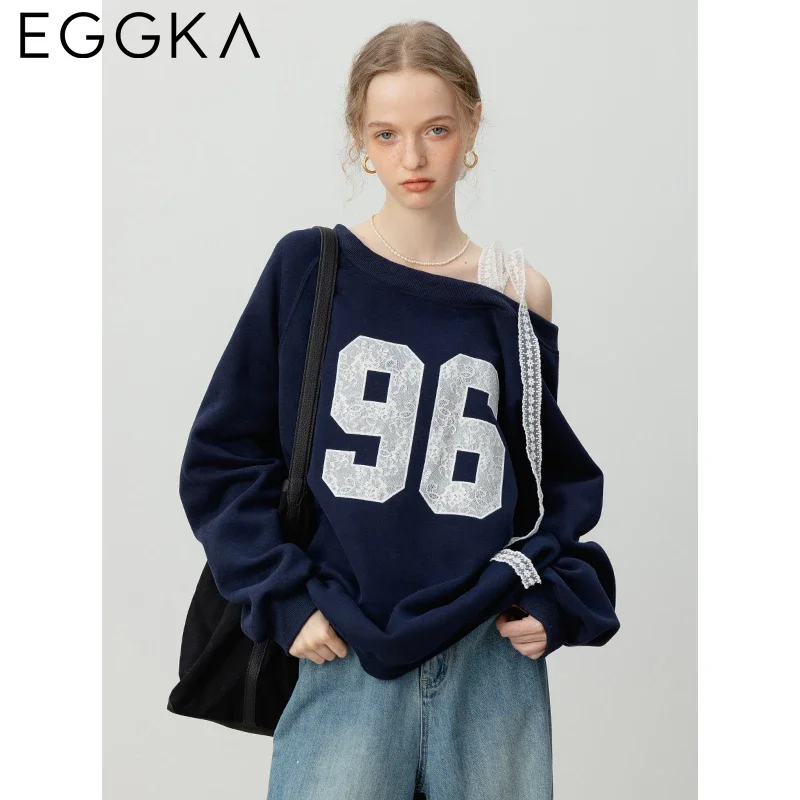 EGGKA Lace Off-Shoulder Sweatshirt Loose Print Long-sleeve Shirts Women Autumn Winter Casual Sweatshirts 2024 Fashion Streetwear