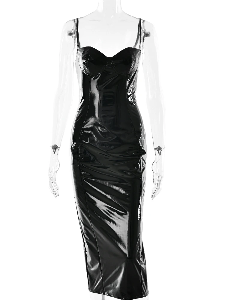 Oniflyme ノースリーブ Pu 女性マキシドレスエレガントなスパゲッティストラップバックレスパッケージヒップボディコンイブニングパーティーウェアセクシーなドレスローブ