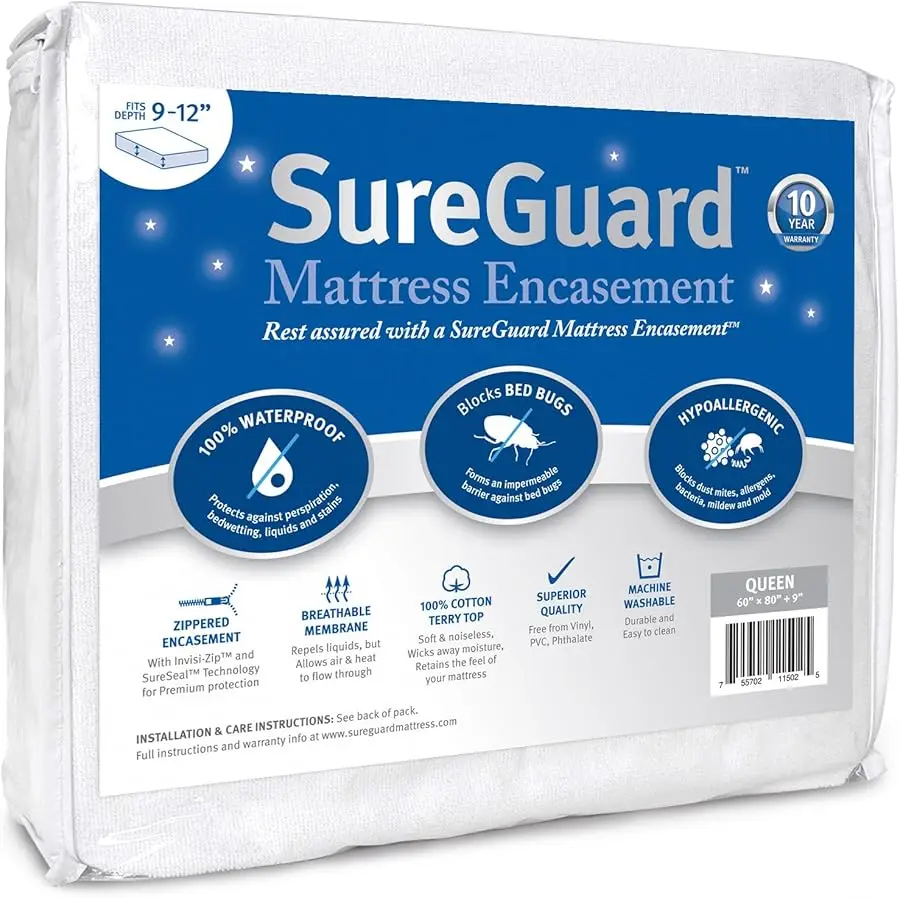 

Queen (9-12 in. Deep) SureGuard Mattress Encasement - 100% Waterproof, Bed Bug Proof, Hypoallergenic - Premium Zippered Six-Side