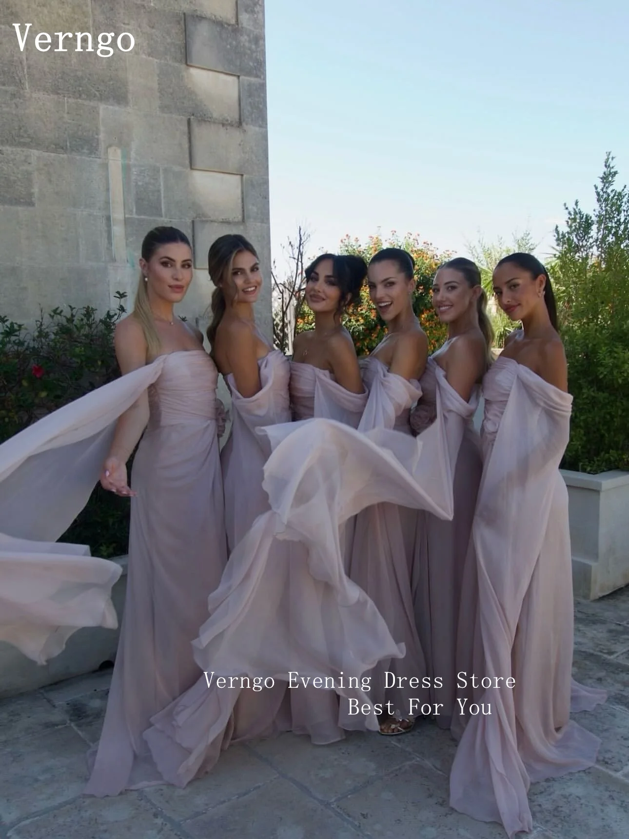 Verngo-vestido de noche de gasa rosa rubor con hombros descubiertos, línea A, vestidos para ocasiones formales, elegante vestido de graduación personalizado