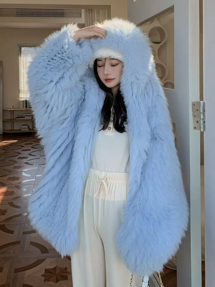 Thickened Warmer Hooded Fluffy Jacket Winter Women Fur Jacker Long Sleeve Pink White Blue Faux Fur Coat New