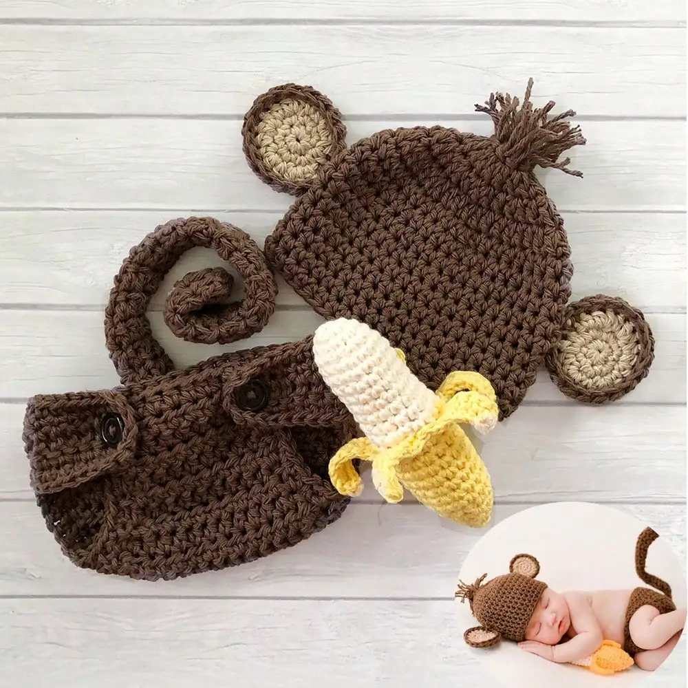 Newborn Photography Outfit Monkey Hat Diaper Cover Banana Set Baby Halloween Costume Crochet Knitted Pants Hat Romper Suit