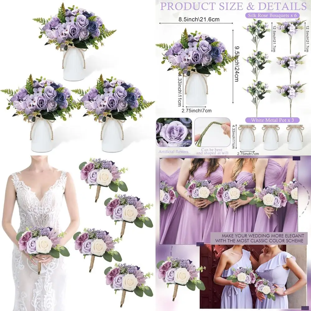 

Purple Lilac Artificial Bridesmaid Bouquets and 3-Piece Dining Table Floral Arrangements for Wedding or Home Decor
