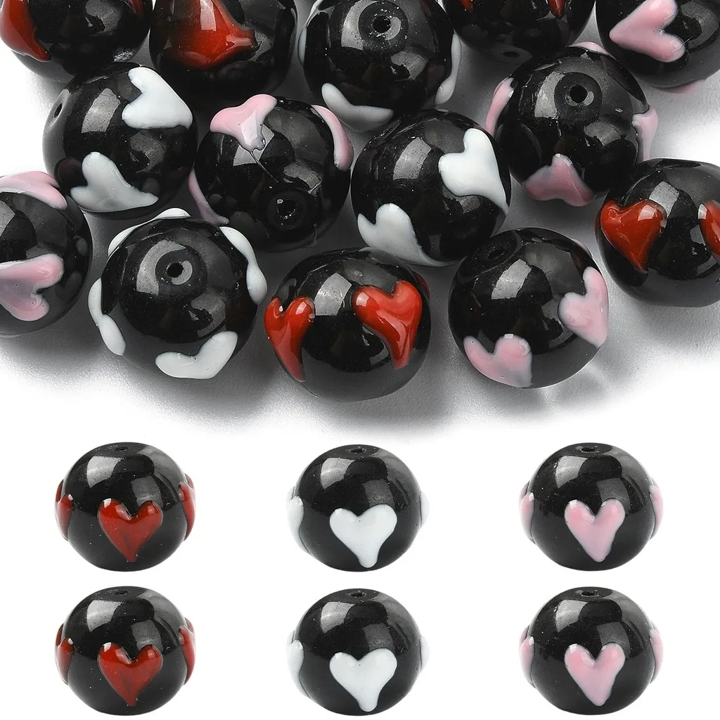15Pcs Mixed Color Handmade Glass Enamel Round Heart Beads Dyed & Heated DIY Keychain Jewelry Supplies